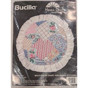 Bucilla Crazy Quilt 14 Inch Round Accent Pillow Cross Stitch 40814 Home Decor